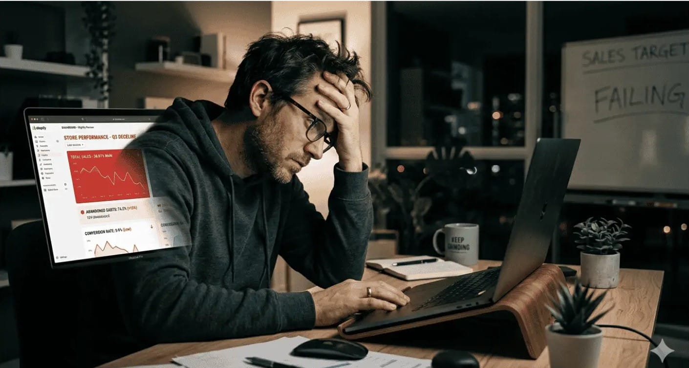 Ecommerce store owner struggling with low sales and analytics dashboard